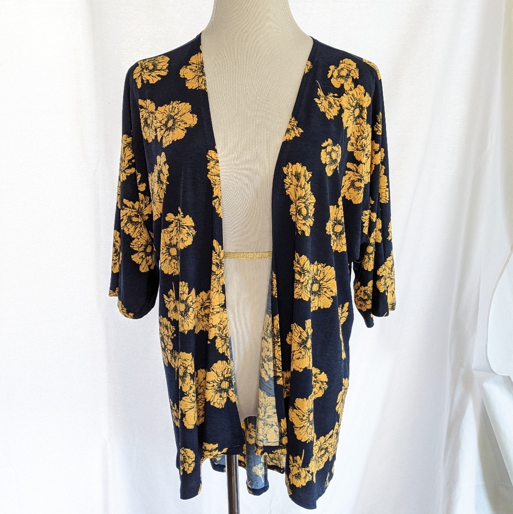 LuLaRoe Navy and Mustard Floral Kimono Cardigan | S | Like new